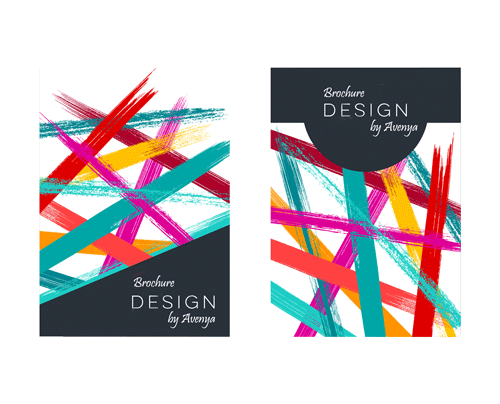 Zwei Broschürentitel mit farbigen Pinselstrichen in Rot, Türkis, Magenta und Gelb und dem Schriftzug «Brochure Design by Avenya»